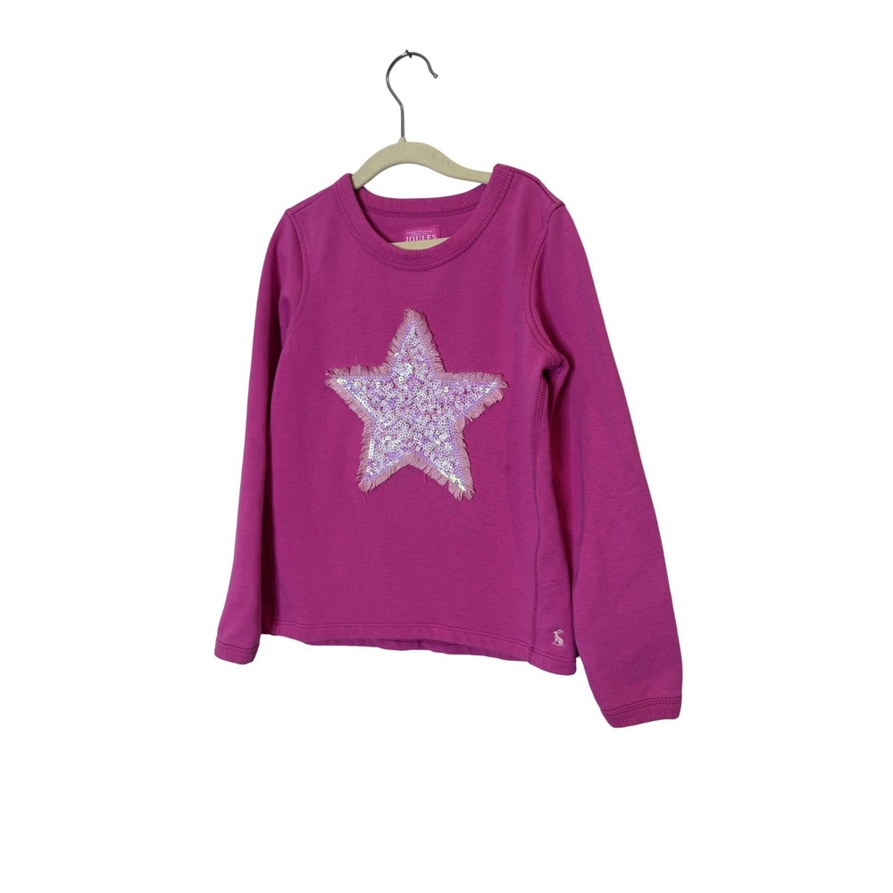 Joules Sweatshirt Girls 7-8 Years Pink Sequin Star Crew Neck Fleece Pullover